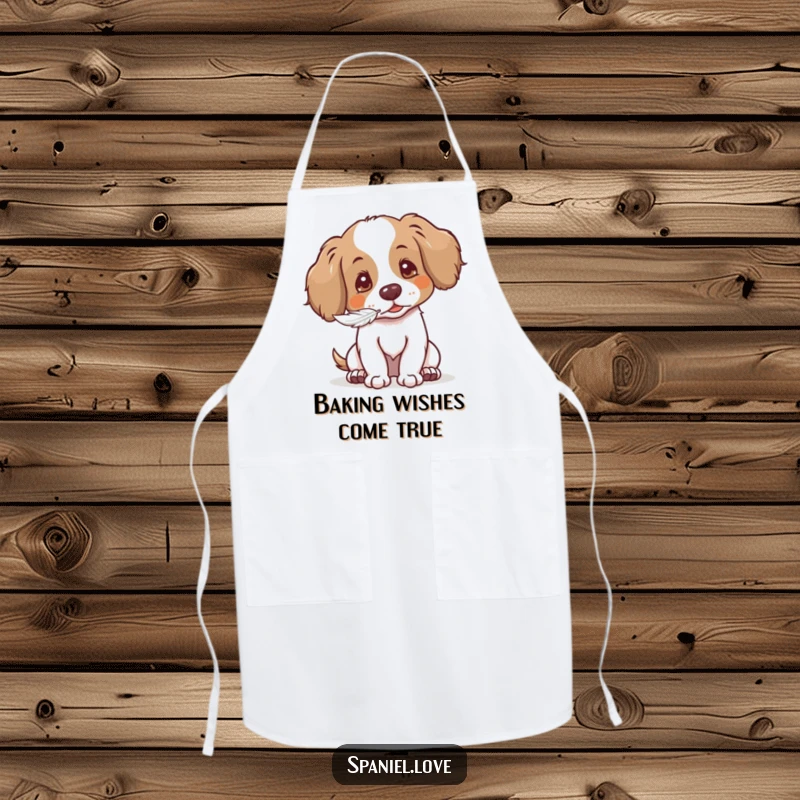Funny Gentle Spaniel Apron: spaniel blowing a seed, ideal for kitchen sweetness and dog-lover gifts.