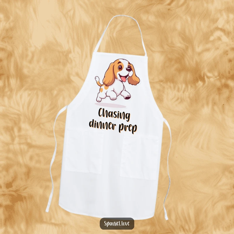 Funny apron showing a spaniel with floppy ears, hilariously chasing its wagging tail while cooking.