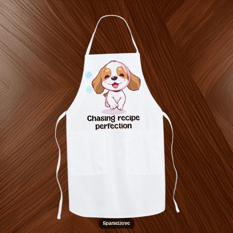 Funny spaniel apron, an excited dog leaping after a sparkling bubble, perfect for a joyful and humorous cooking experience.