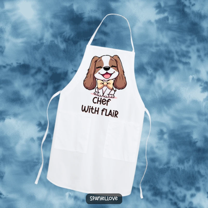 Funny apron featuring a delighted spaniel character wearing an enormous bowtie and a playful wink.