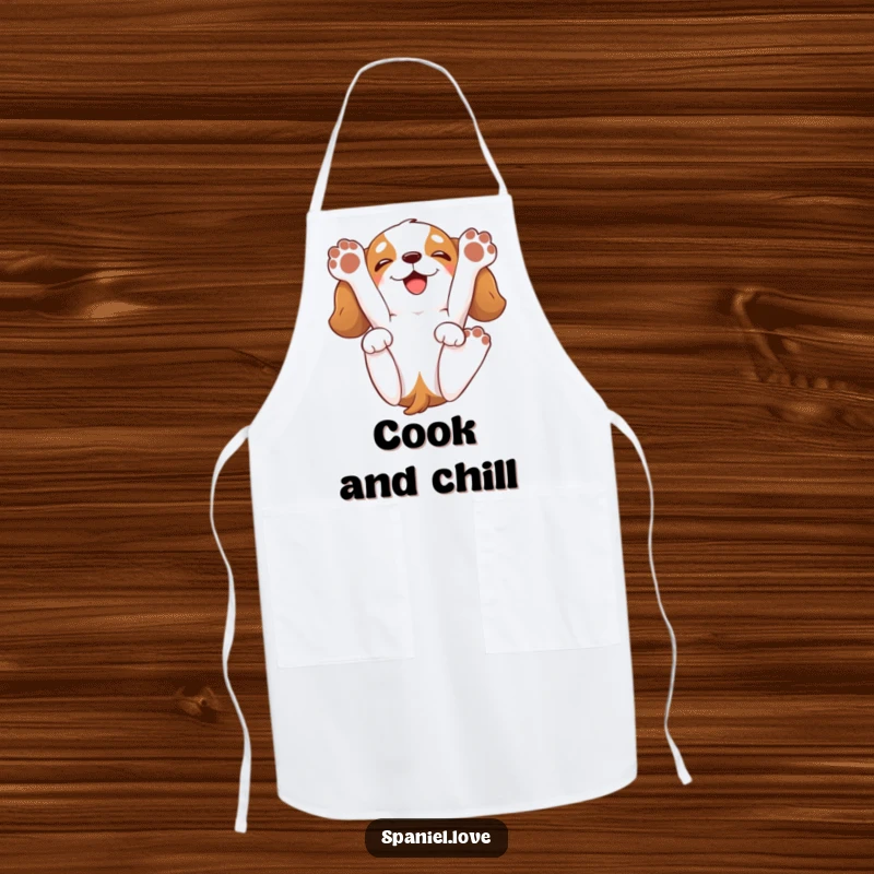 Funny spaniel apron showing a cartoon spaniel playfully rolling onto its back, paws in the air, with a happy grin.
