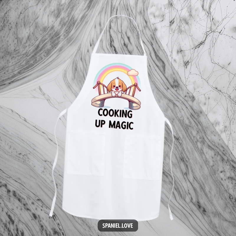 Funny apron featuring a giddy spaniel character smiling as it slides down a rainbow bridge.