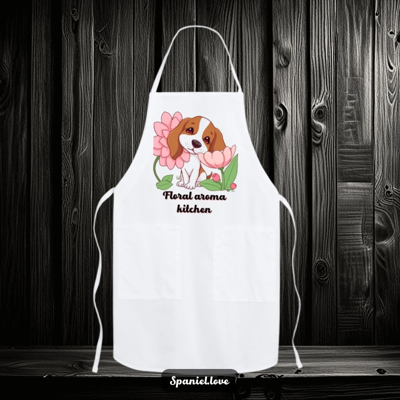 Funny apron featuring a spaniel dog with a tilted head curiously sniffing a giant blooming flower, bringing a touch of nature indoors.