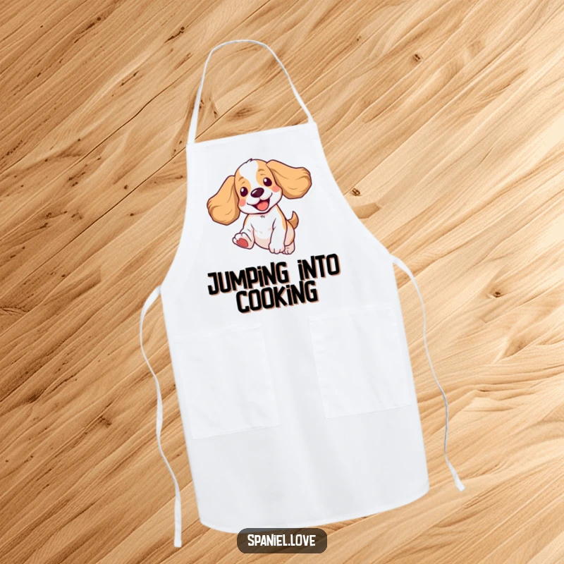 Funny Spaniel Apron: A practical apron featuring a spaniel in a joyful jumping pose, ears flapping, perfect for the kitchen.