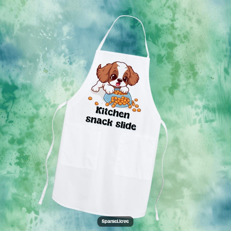 Funny spaniel apron depicting a surprised dog comically sliding on spilled kibble, adding humor to cooking and baking tasks.