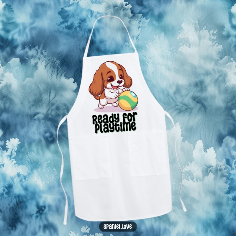 Funny Spaniel Apron: A mischievous spaniel playfully nudging a bouncy ball, adding humor to kitchen tasks.