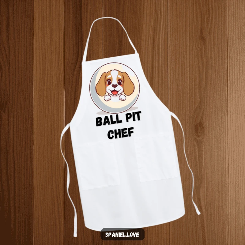 Funny Spaniel Apron: A spaniel with a happy bark peeks out from behind a giant ball, ready for kitchen fun.