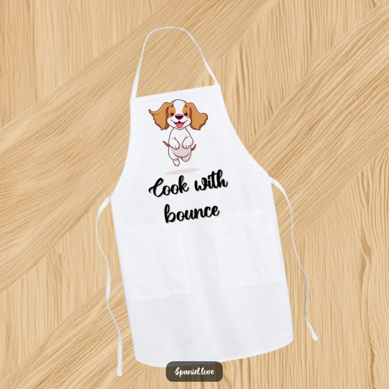Funny spaniel character in a happy bounce, ears flapping in the wind, featured on a kitchen apron for cheerful cooks.