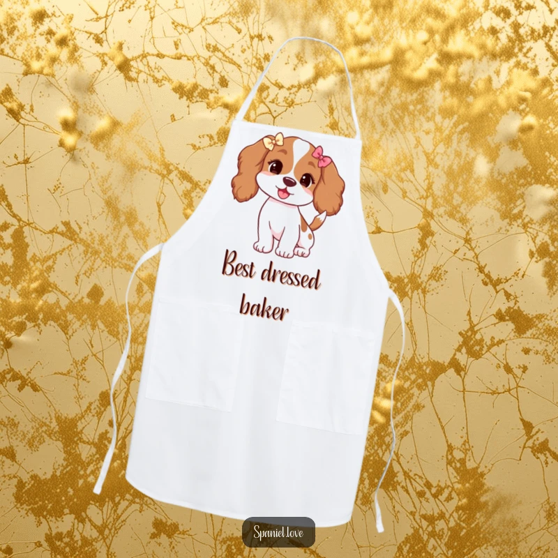 Funny apron featuring a spaniel with floppy ears adorned with tiny bows, its tail wagging with enthusiasm.