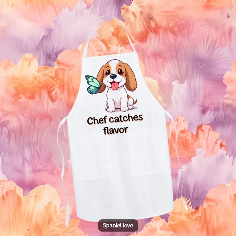 Funny Spaniel Apron: A spaniel playfully sticks its tongue out chasing a butterfly, a design full of kitchen whimsy.