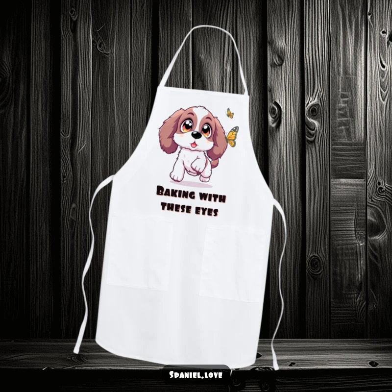 Funny Spaniel apron illustrating a Spaniel with oversized, sparkling eyes leaping with excitement towards a butterfly, ready for kitchen magic.