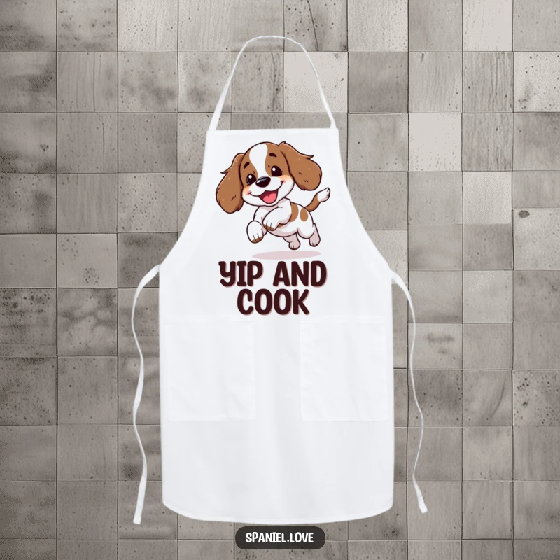 Funny spaniel character in the midst of chasing its tail with a yip, featured on a kitchen apron for playful cooks.