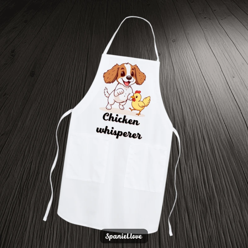 Funny Spaniel Rubber Chicken Pounce Apron: A lively spaniel is depicted mid-leap, chasing after a bouncing rubber chicken.