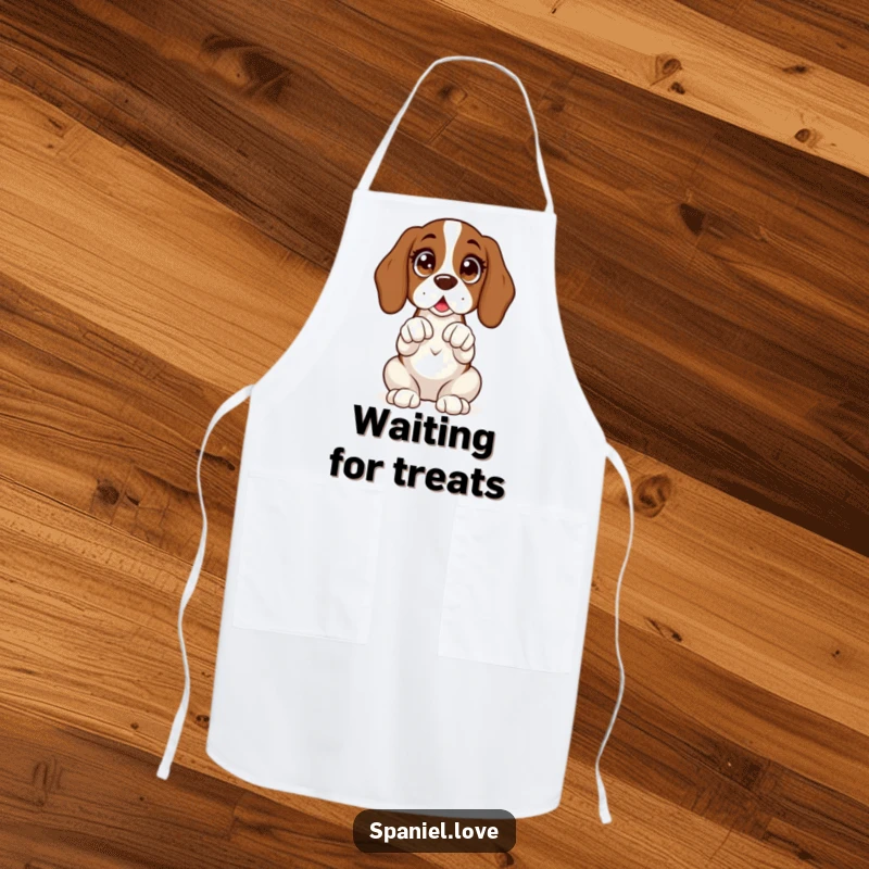 Funny apron showing a spaniel sitting upright with wide, excited eyes and its paws clasped expectantly.