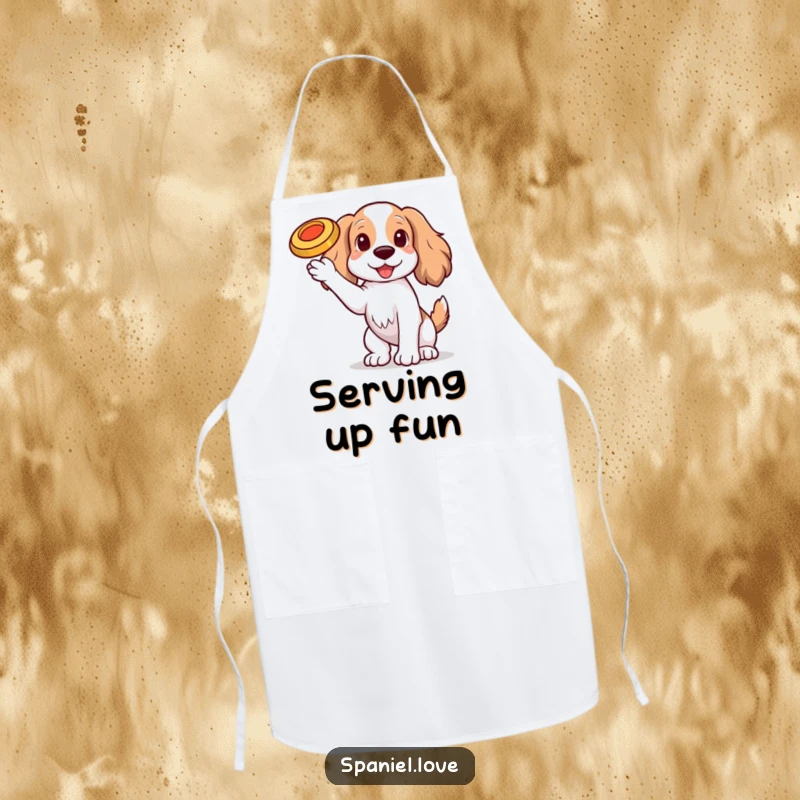 Funny Spaniel dog with one paw raised, balancing a tiny, spinning frisbee on its nose on an apron, ideal for cooking and fun.