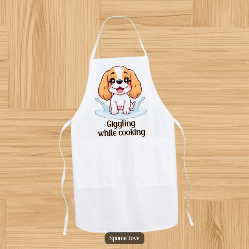 Funny Spaniel Apron: A spaniel with twinkling eyes splashes in a puddle creatively depicted as pure giggles.