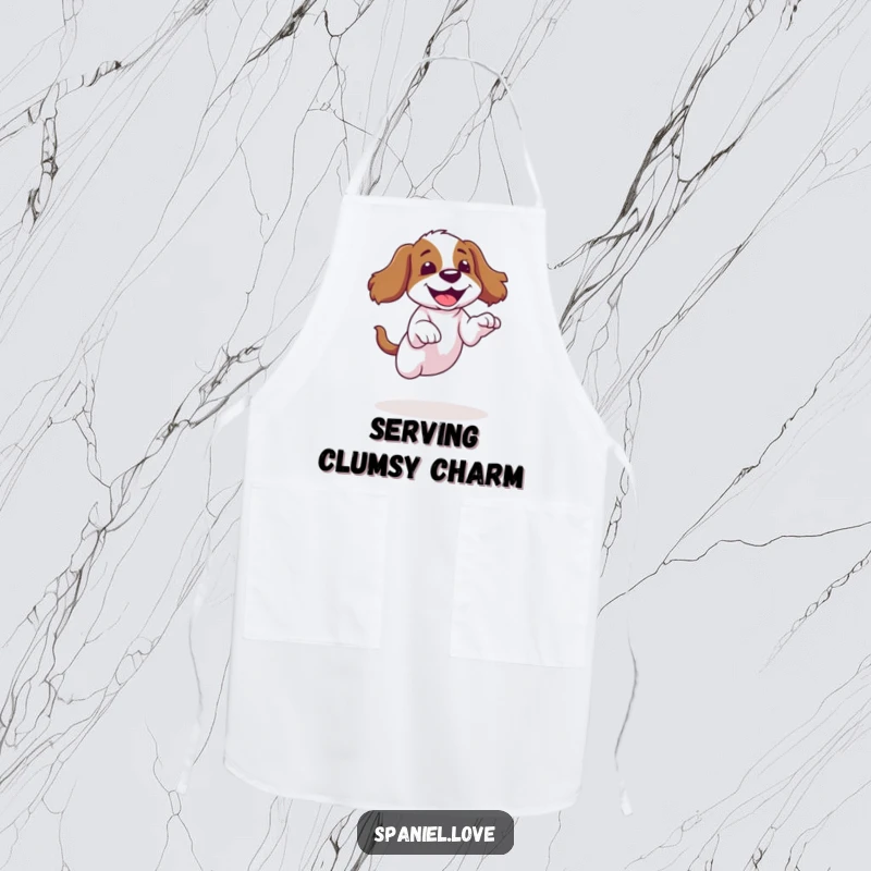 Funny spaniel apron depicting a dog’s clumsy jump ending in a giggle while cooking, a humorous kitchen accessory.