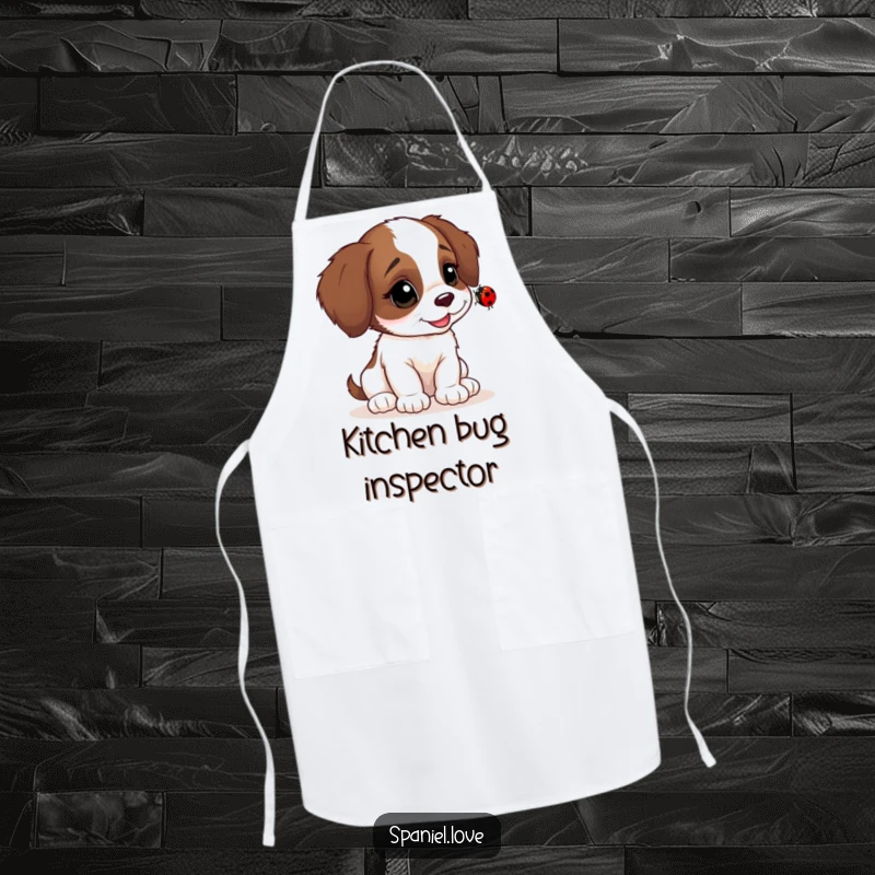 Funny Spaniel cub apron, head tilted inquisitively at a ladybug, perfect for the kitchen with a touch of humor.