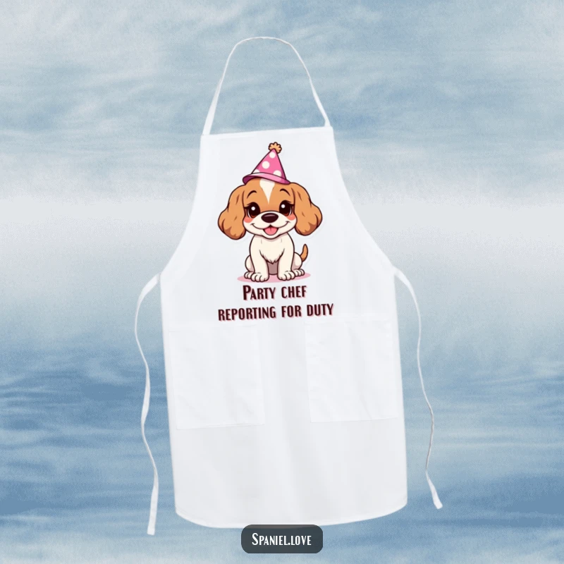 Funny Spaniel apron showcasing a character with a goofy grin and party hat, ready for kitchen fun. This apron adds a festive and humorous touch to cooking.