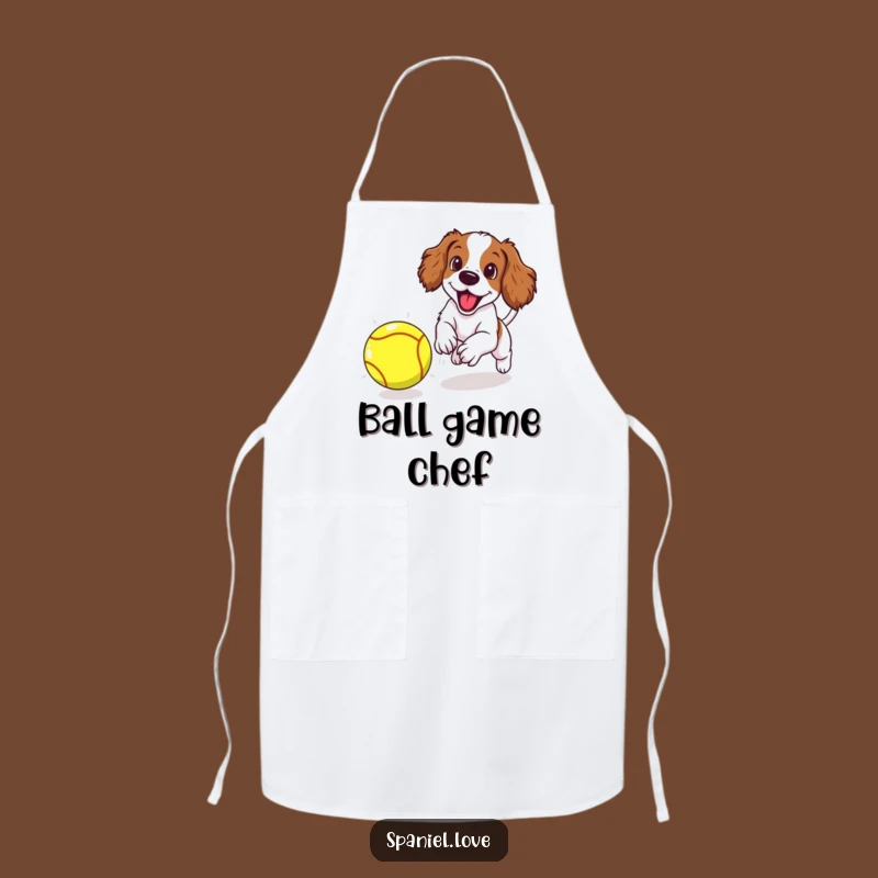 Funny Spaniel Puppy Apron: Chasing Giant Ball, Humorous Kitchen Wear