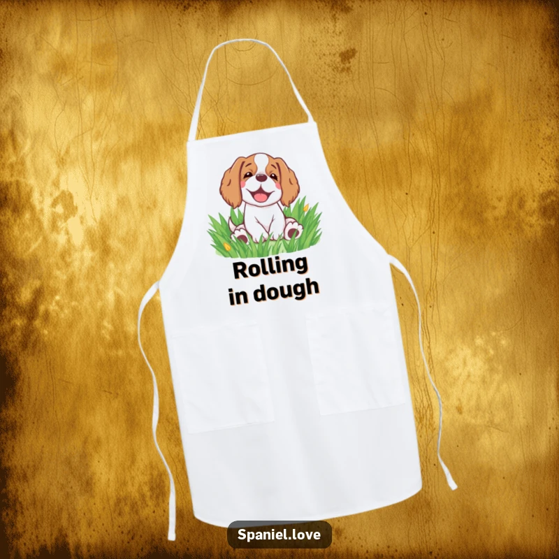 Funny spaniel apron showing a happy spaniel rolling in grass, perfect for adding cheer to cooking.