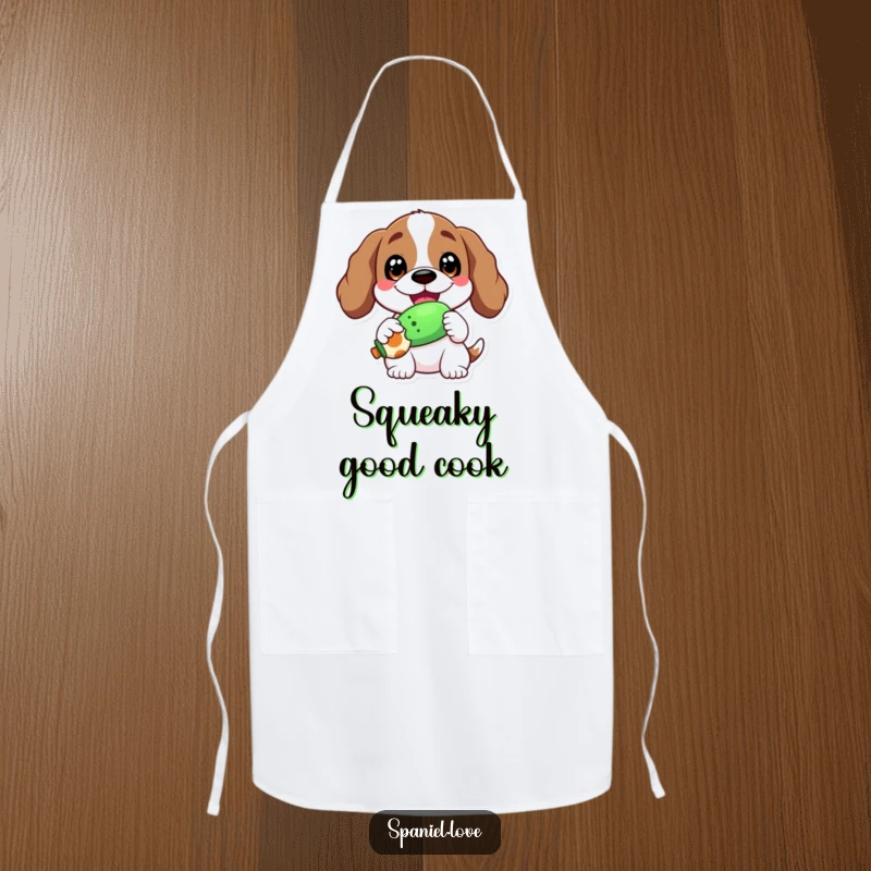 Funny apron showing a spaniel with a wide, happy grin, proudly holding a squeaky toy while cooking.