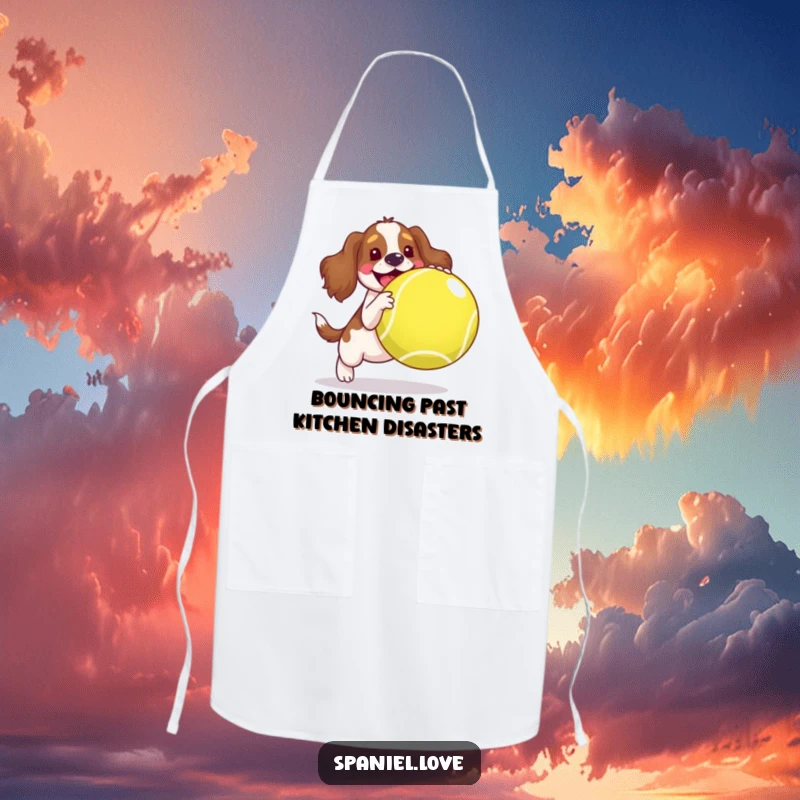 Funny spaniel apron, a joyful dog playing with an oversized tennis ball, perfect for a fun cooking experience.