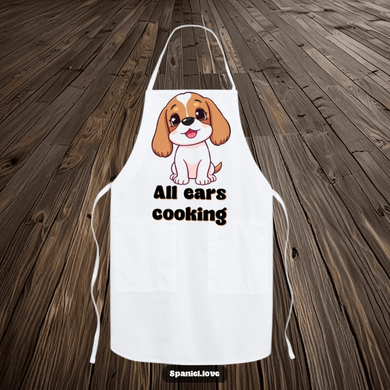 Funny happy spaniel with head tilted, listening intently on an apron, a humorous kitchen accessory for attentive cooks.
