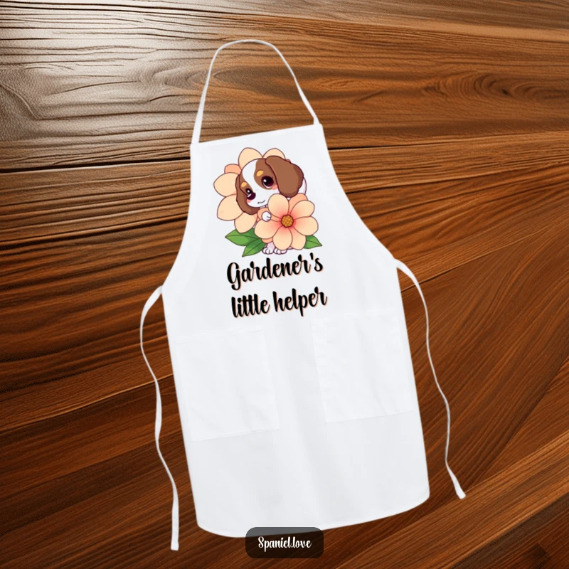 Funny Spaniel apron, tail wagging, peeking from behind a huge flower, a humorous and practical kitchen accessory.