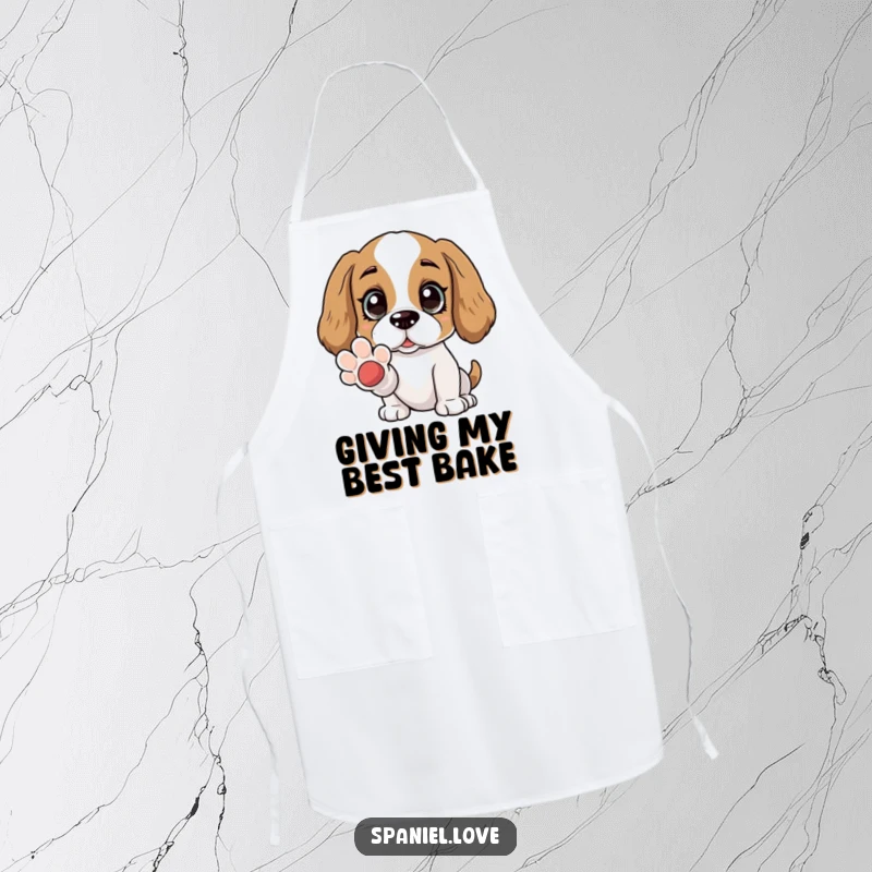 Funny Spaniel apron depicting wide, adoring eyes and an offered paw. This apron adds a heartwarming and humorous touch to any kitchen task.