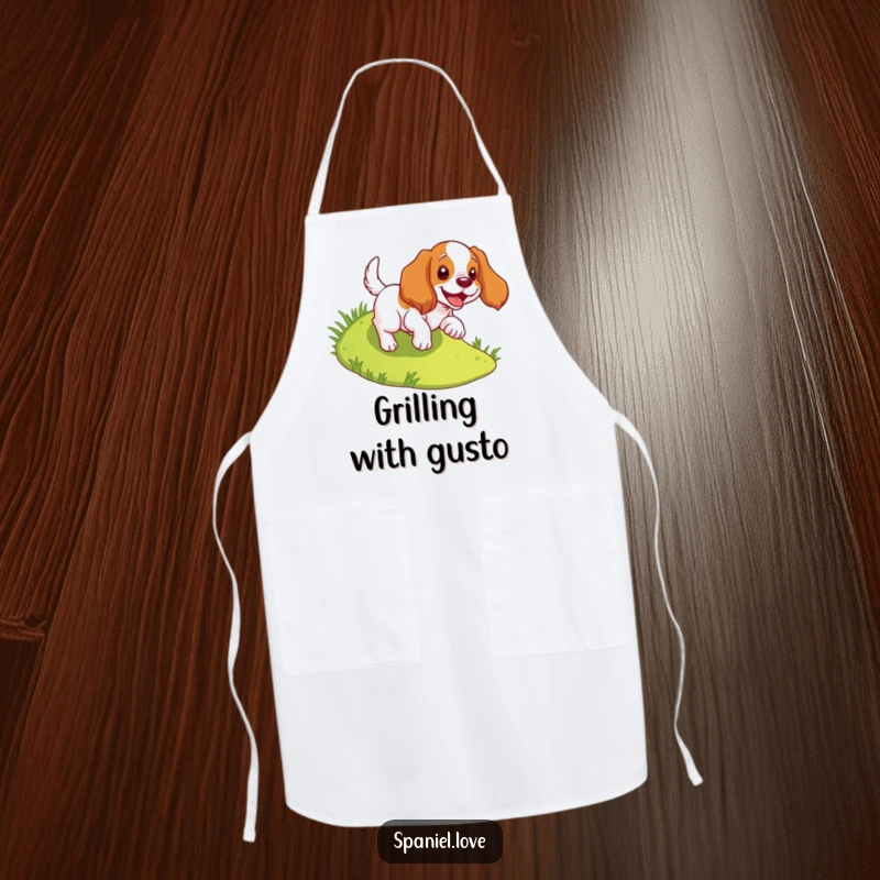 Funny spaniel apron depicting a dog joyfully tumbling down a slope, bringing fun to cooking.