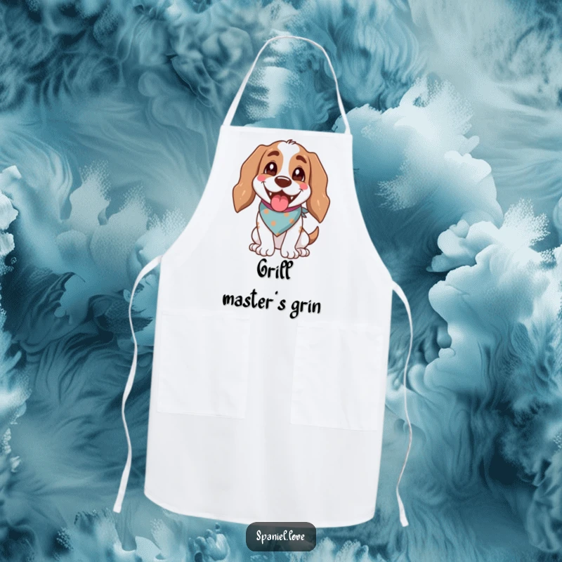 Funny spaniel wearing an apron and bandana, panting happily, perfect for kitchen humor.