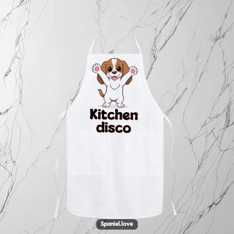Funny spaniel doing a silly dance with paws in the air on an apron, a humorous kitchen accessory for lively cooks.