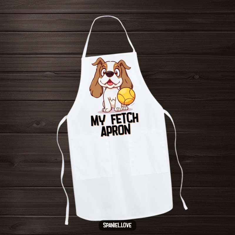 Funny Spaniel Apron featuring a surprised spaniel’s reaction to a ball, a humorous kitchen accessory for dog lovers.