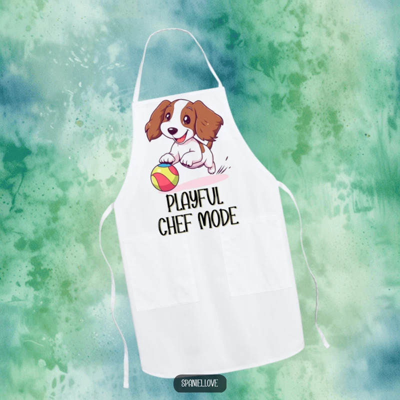 Funny spaniel apron showing a cartoon spaniel joyfully chasing a bouncing colorful ball, ears flapping, perfect for happy cooking.