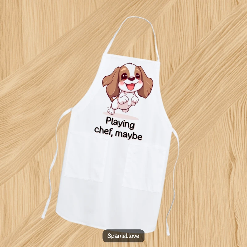 Funny Spaniel apron depicting an excited wiggle and jump for a toy. This apron adds a playful and humorous touch to any cooking or crafting session.