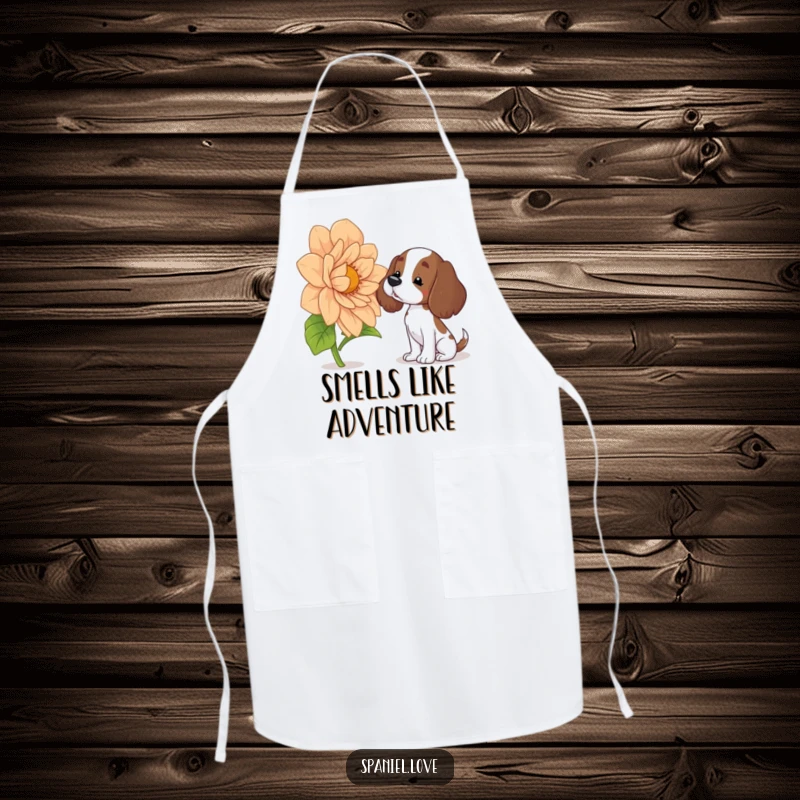 Funny spaniel apron showing a curious dog tilting its head to sniff an enormous, colorful flower, bringing humor to culinary tasks.