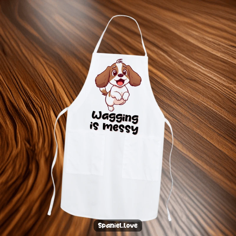 Funny apron featuring a surprised spaniel character leaping back from its own vigorously wagging tail.