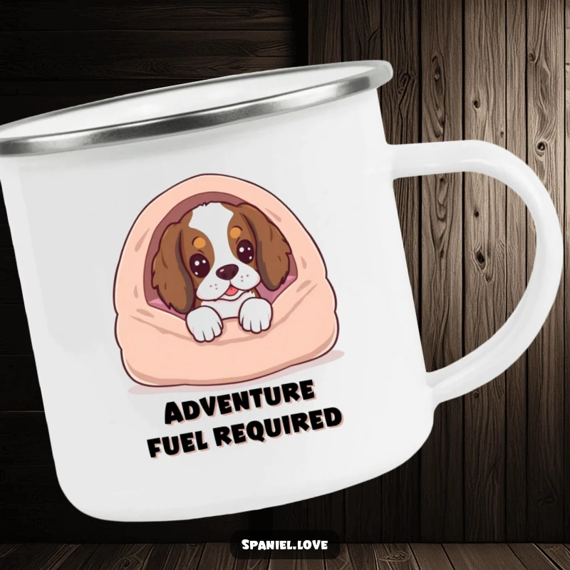 Funny spaniel peeking from a dog bed, ready for adventure, printed on a durable camping mug.