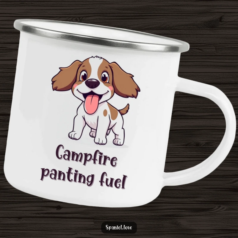 Funny Spaniel Camping Mug depicting a happy, panting spaniel, perfect for outdoor enthusiasts.