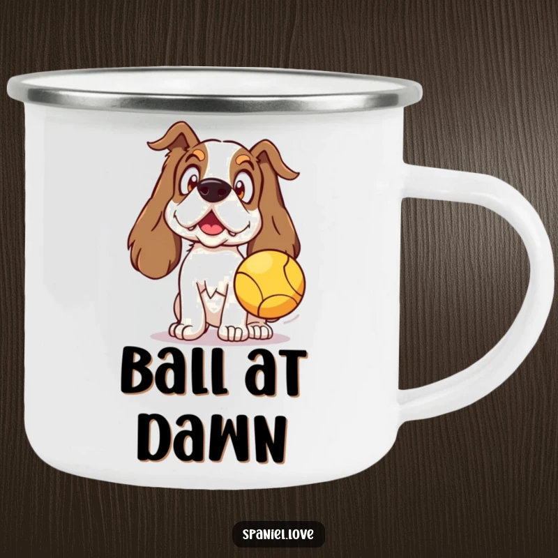 Funny Spaniel Camping Mug showing a surprised spaniel eager for a ball, great for outdoor adventures.