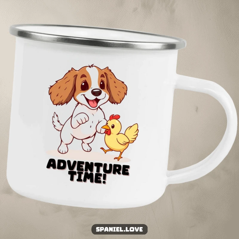 Funny Spaniel Rubber Chicken Pounce Camping Mug: A spaniel dog leaps energetically towards a bouncing rubber chicken, capturing pure outdoor fun.