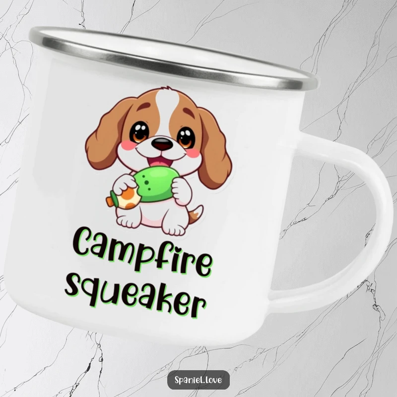 Funny camping mug featuring a spaniel with a wide, happy grin, holding a squeaky toy.