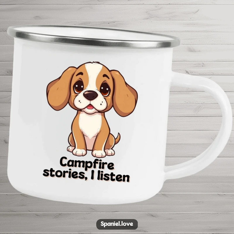 Funny Spaniel camping mug with a character tilting its head, listening intently with curiosity. This mug is perfect for enjoying nature with focused appreciation.