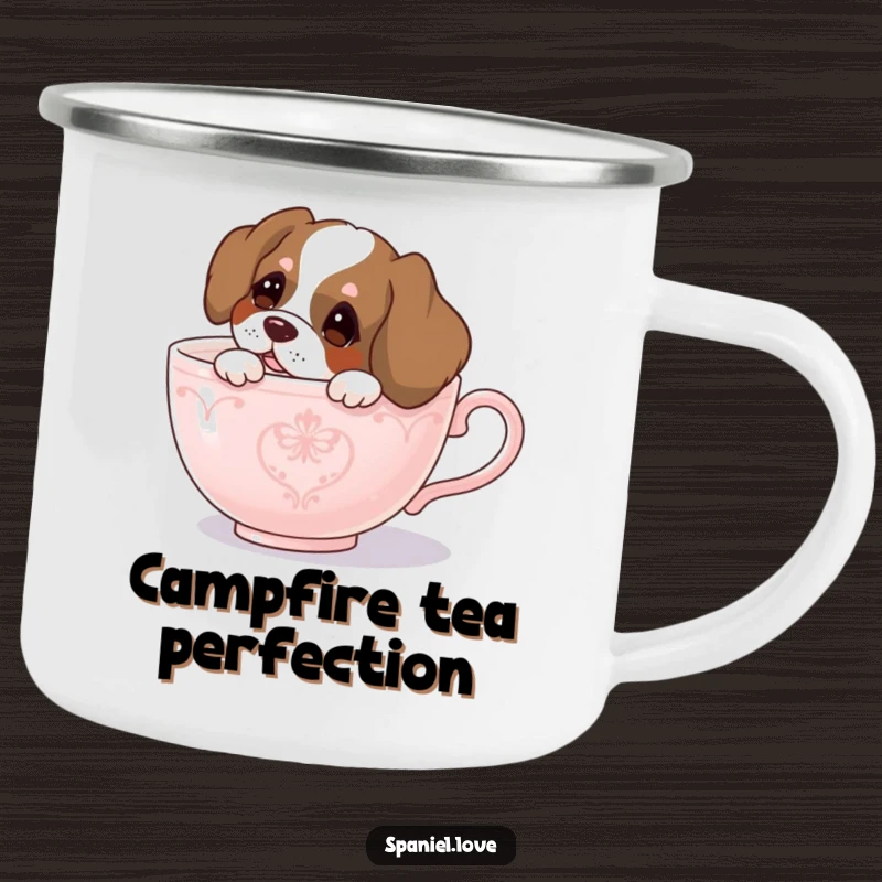 Funny spaniel camping mug, a curious dog peeking from a giant teacup in an outdoor setting, durable and humorous.