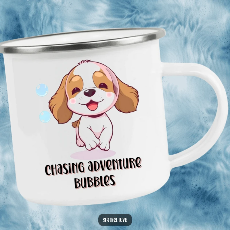 Funny spaniel camping mug, an excited dog chasing a sparkling bubble in an outdoor setting, durable and humorous.