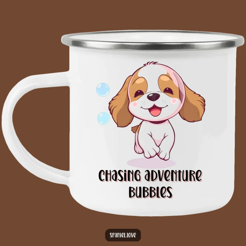 Funny Spaniel Bubble Chase Camping Mug - Enthusiastic Adventure, Outdoor Humor