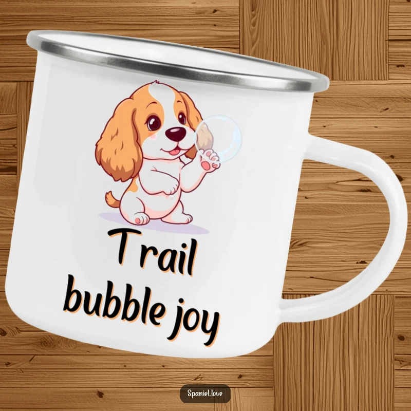 Funny Spaniel pup camping mug, joyfully attempting to catch a fragile bubble, ideal for rugged adventures and happy campers.
