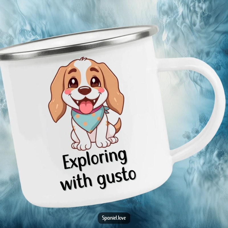 Funny spaniel in a bandana, panting happily, ready for adventure, on a durable camping mug.