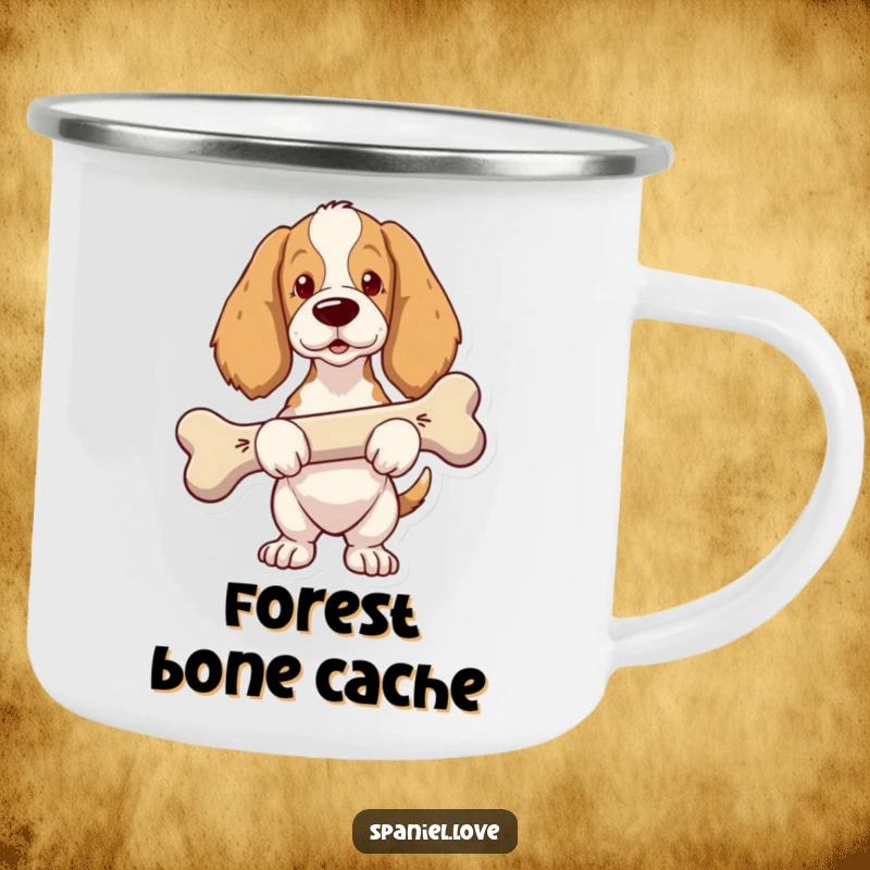 Funny Spaniel Camping Mug: A sturdy mug depicting a proud spaniel carrying a comically oversized bone.